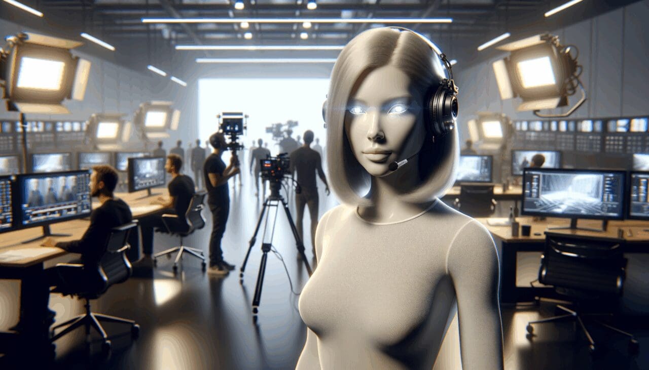 Render hiperrealista de una actriz virtual en estudio de cine moderno, rodeada de tecnología avanzada.