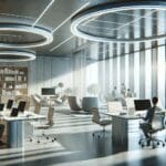 Oficinas modernas con salas de reuniones y ordenadores portátiles, ambiente colaborativo y tecnológico.