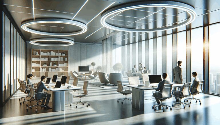 Oficinas modernas con salas de reuniones y ordenadores portátiles, ambiente colaborativo y tecnológico.