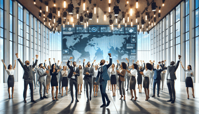 Emprendedores celebrando en un auditorio moderno con pantallas digitales y ambiente colaborativo.