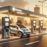 Punto de recarga para vehículos eléctricos en una ciudad moderna de Latinoamérica, al atardecer.