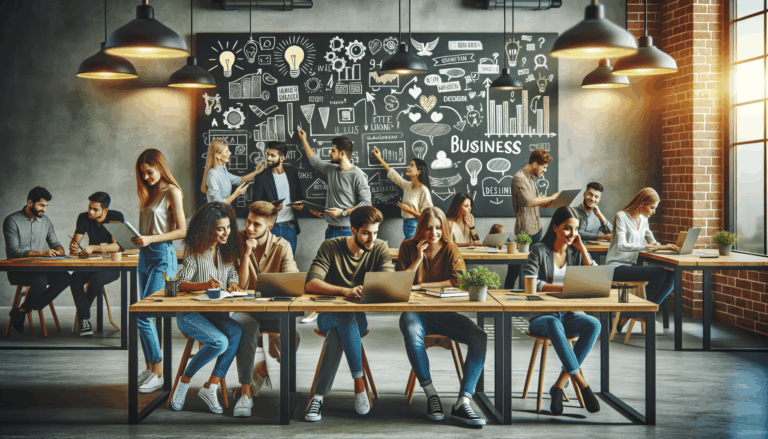 Fotografía de jóvenes emprendedores colaborando en un espacio de coworking moderno, laptops y pizarras con ideas de negocio.