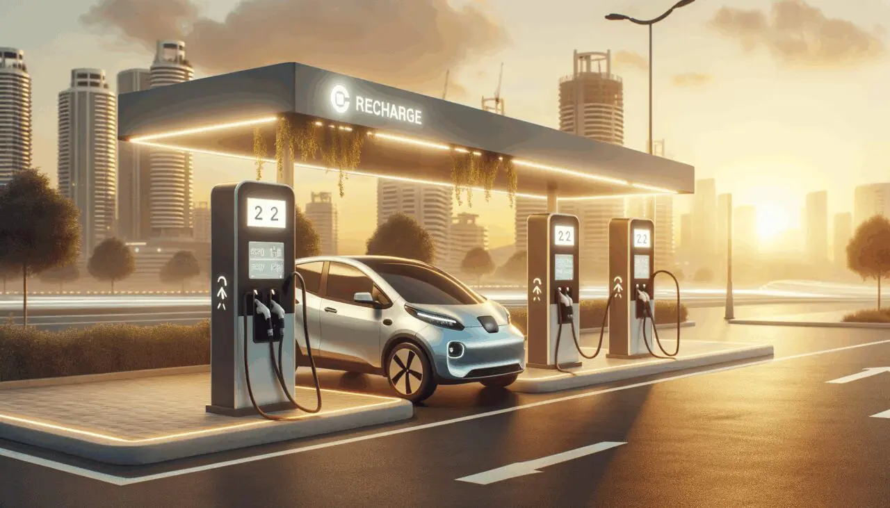 Punto de recarga para vehículos eléctricos en una ciudad moderna de Latinoamérica, al atardecer.