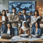 Grupo de emprendedores trabajando en equipo en un espacio de coworking moderno, con pantallas y mapas digitales al fondo.