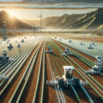 Campo agrícola extenso con sensores y robots trabajando al amanecer, fondo de montañas y cielos claros, estilo editorial.