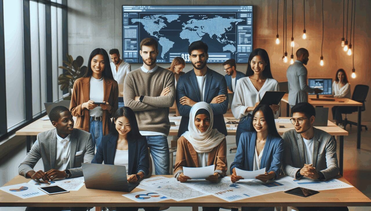Grupo de emprendedores trabajando en equipo en un espacio de coworking moderno, con pantallas y mapas digitales al fondo.