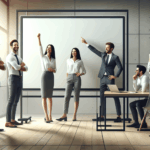 Equipo de trabajo en una oficina moderna interactuando motivados con una pizarra digital.