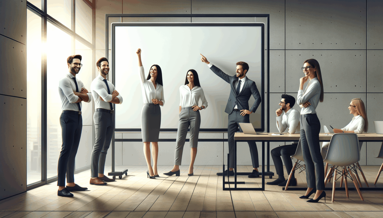 Equipo de trabajo en una oficina moderna interactuando motivados con una pizarra digital.