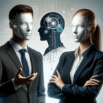 Retrato conceptual de dos líderes tecnológicos reunidos, fondo abstracto de innovación y startups.