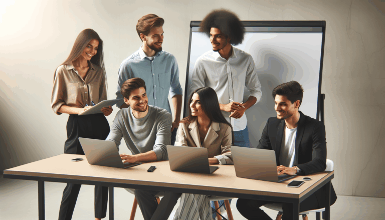 Cinco jóvenes trabajando juntos en una oficina moderna con laptops y pizarra digital.