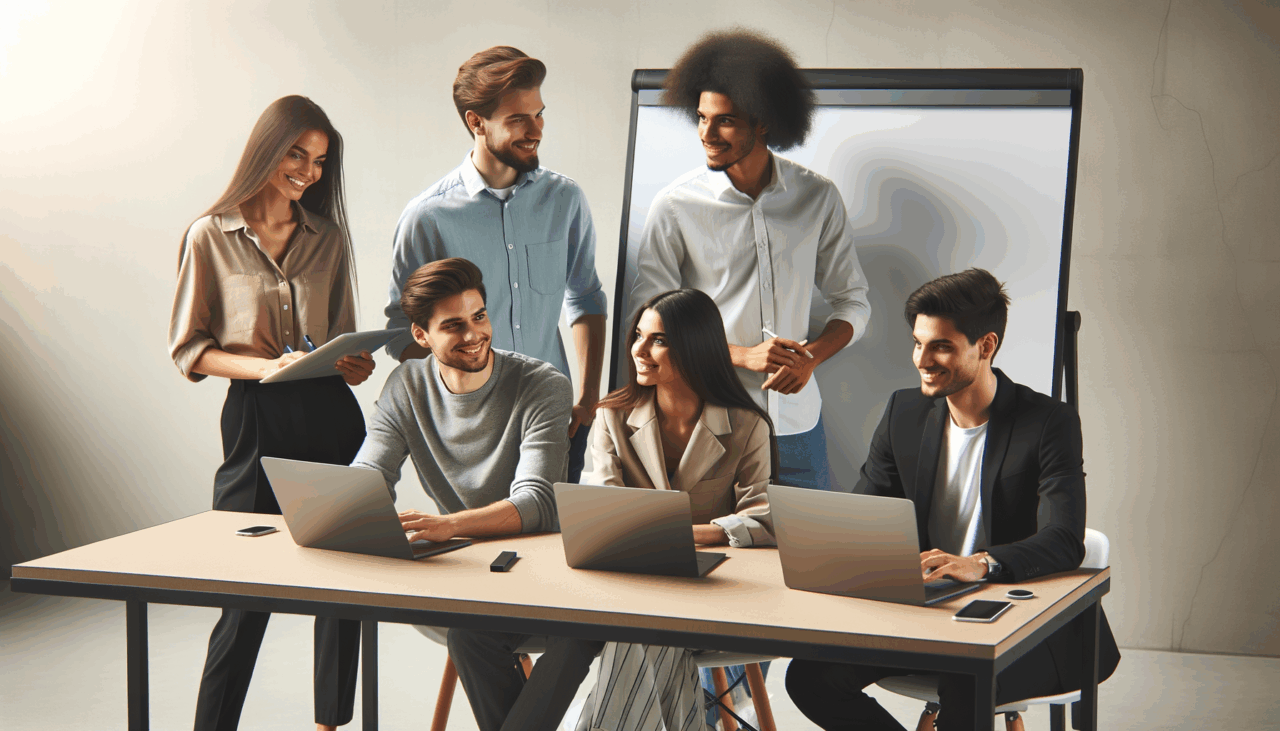 Cinco jóvenes trabajando juntos en una oficina moderna con laptops y pizarra digital.