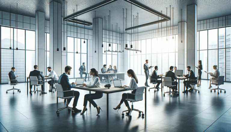 Oficina moderna con emprendedores colaborando en un espacio abierto luminoso