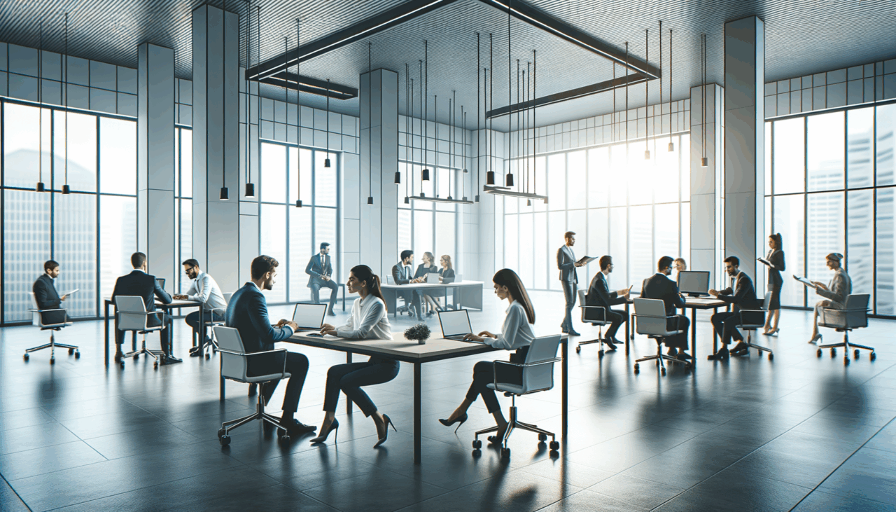 Oficina moderna con emprendedores colaborando en un espacio abierto luminoso
