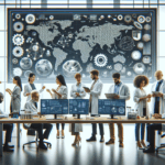 Emprendedores y científicos colaborando en un laboratorio moderno rodeados de pantallas y equipos tecnológicos.