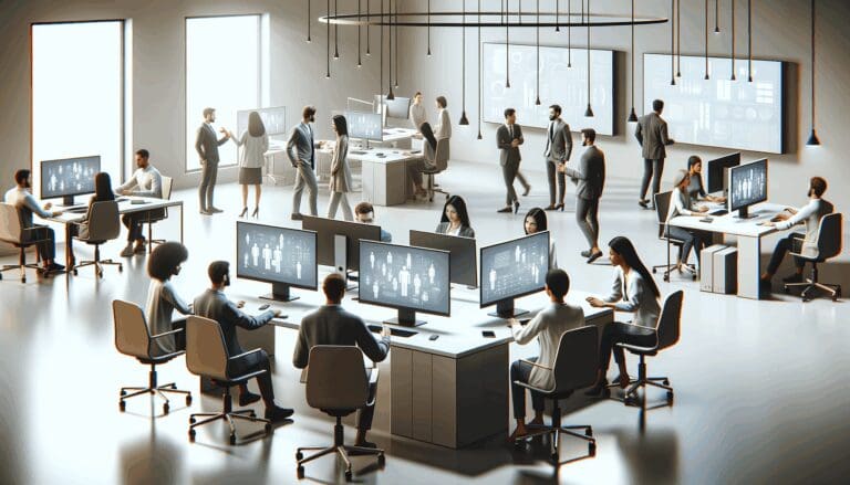 Personas colaborando en un moderno espacio de coworking rodeadas de computadoras y pantallas digitales.