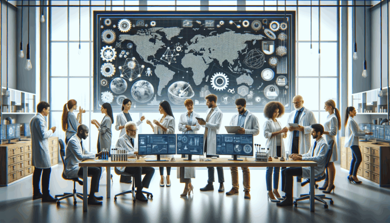 Emprendedores y científicos colaborando en un laboratorio moderno rodeados de pantallas y equipos tecnológicos.