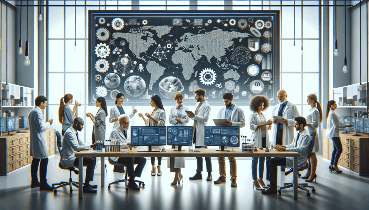 Emprendedores y científicos colaborando en un laboratorio moderno rodeados de pantallas y equipos tecnológicos.