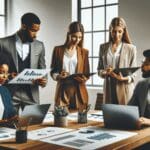 Grupo diverso de emprendedores y ejecutivos en una moderna sala de juntas, revisando gráficos y laptops.