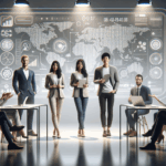 Emprendedores en un escenario moderno presentando ideas tecnológicas ante un jurado internacional.