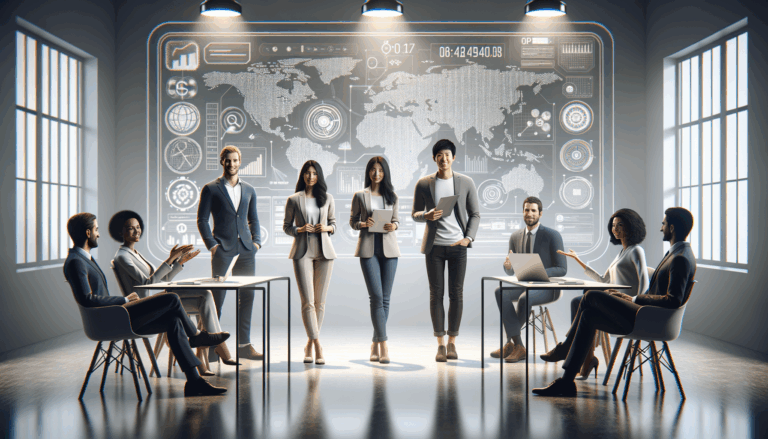 Emprendedores en un escenario moderno presentando ideas tecnológicas ante un jurado internacional.