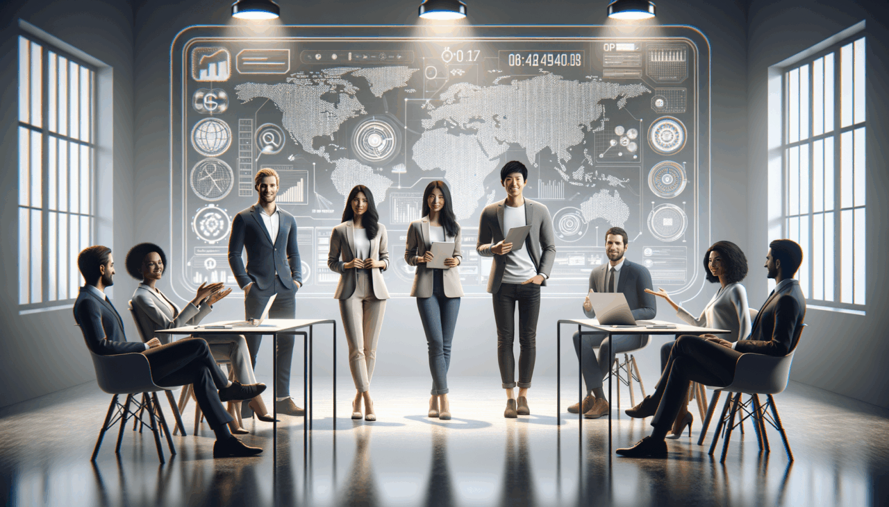 Emprendedores en un escenario moderno presentando ideas tecnológicas ante un jurado internacional.