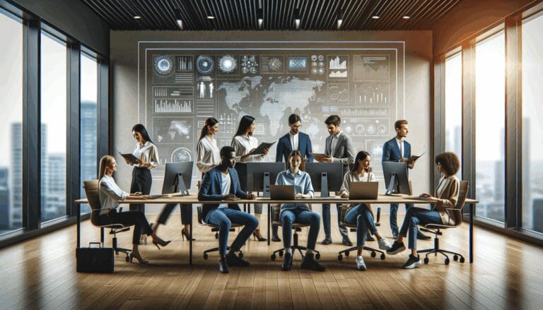 Equipos multiculturales colaborando en una moderna oficina tecnológica con pantallas y dispositivos innovadores.