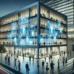 Imagen conceptual de un edificio moderno con pantallas digitales iluminadas y personas interactuando en un entorno tecnológico nocturno.