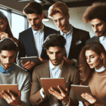 Cinco jóvenes emprendedores reunidos en una oficina moderna, revisando una aplicación en tabletas y laptops.