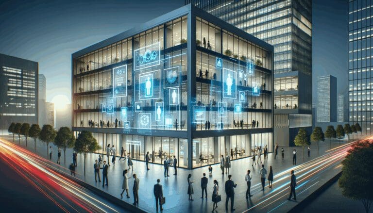 Imagen conceptual de un edificio moderno con pantallas digitales iluminadas y personas interactuando en un entorno tecnológico nocturno.