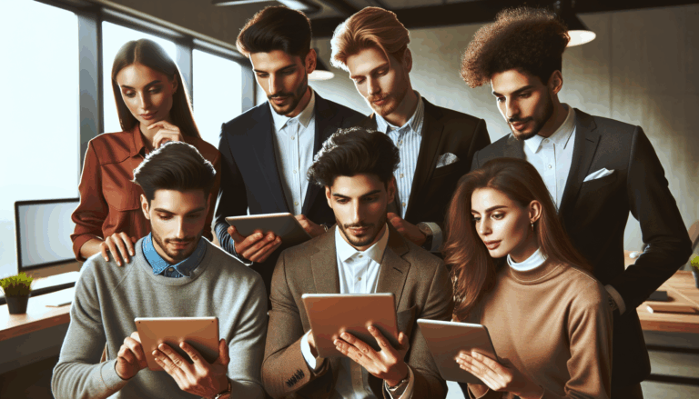 Cinco jóvenes emprendedores reunidos en una oficina moderna, revisando una aplicación en tabletas y laptops.