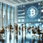 Oficinas modernas con equipos conversando frente a pantallas digitales que muestran gráficos de criptomonedas.
