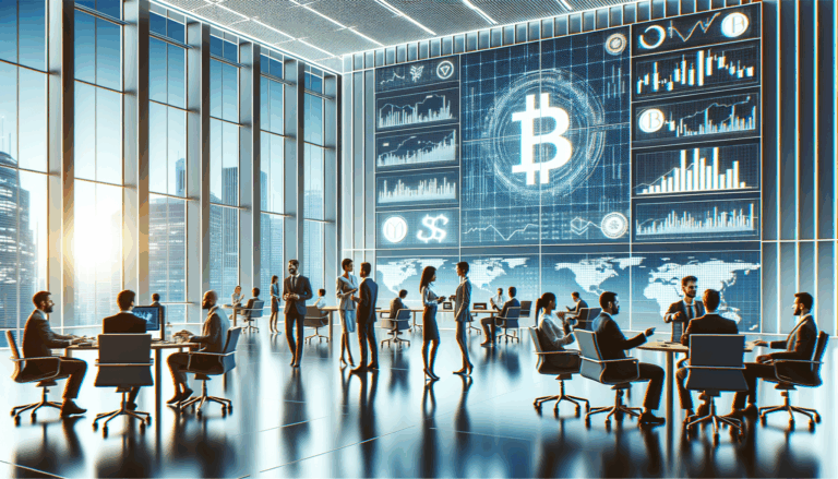 Oficinas modernas con equipos conversando frente a pantallas digitales que muestran gráficos de criptomonedas.