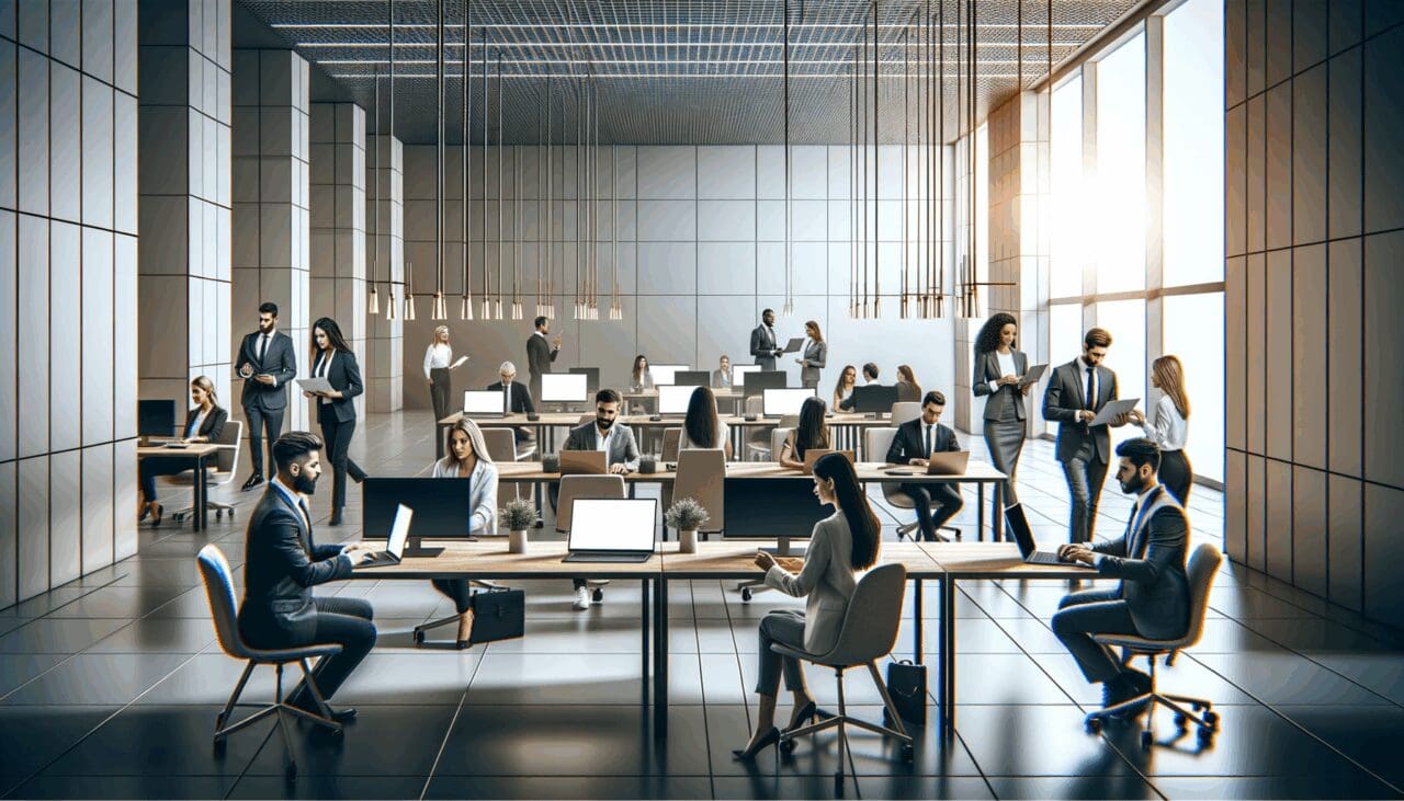 Grupo de emprendedores trabajando en un espacio de oficina moderno con pantallas digitales y laptops.