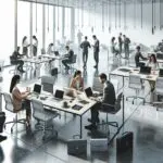 Oficinas modernas con emprendedores colaborando y dispositivos tecnológicos abiertos sobre mesas.