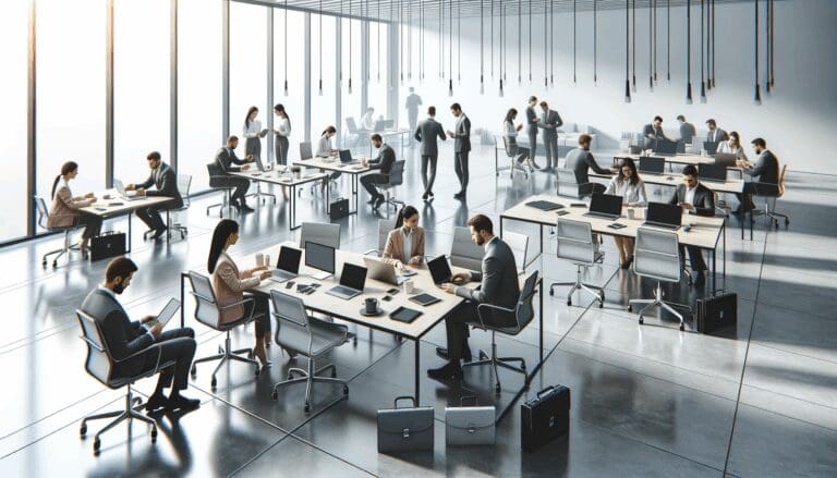 Oficinas modernas con emprendedores colaborando y dispositivos tecnológicos abiertos sobre mesas.