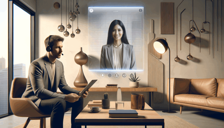 Persona en una videollamada con un psicólogo en un entorno moderno y sobrio, transmitiendo tecnología y cercanía.