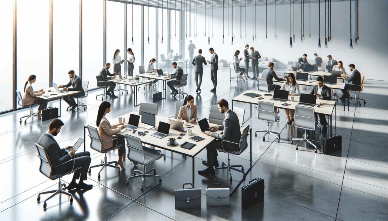 Oficinas modernas con emprendedores colaborando y dispositivos tecnológicos abiertos sobre mesas.