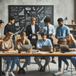 Jóvenes emprendedores colaborando en un espacio moderno y luminoso con pizarras y portátiles.