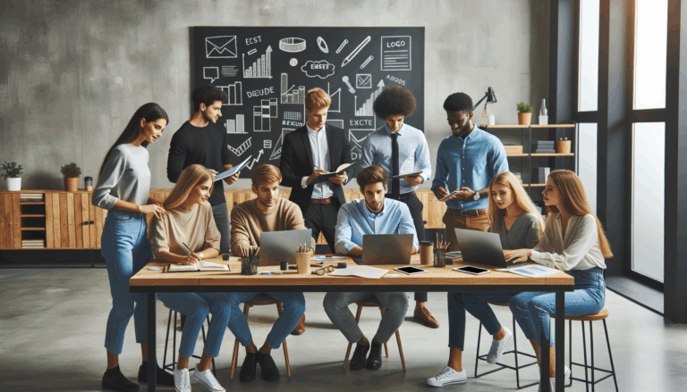Jóvenes emprendedores colaborando en un espacio moderno y luminoso con pizarras y portátiles.