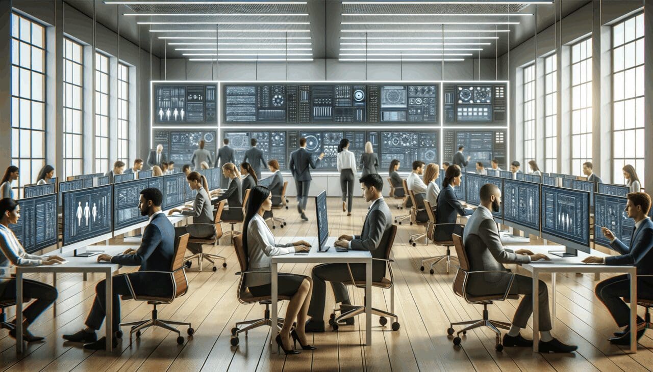 Personas trabajando en una sala moderna de desarrollo tecnológico con pantallas y equipos de última generación.
