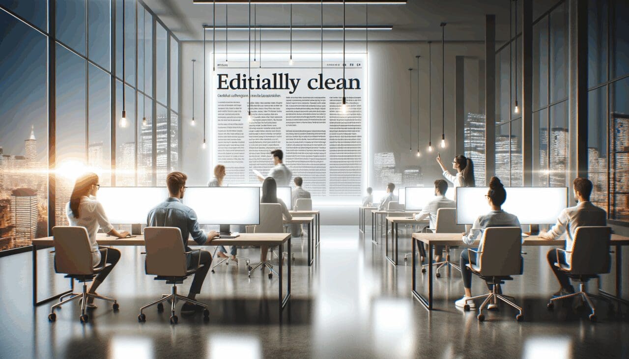 Oficina moderna con personas trabajando de noche ante pantallas luminosas en un ambiente de startup.