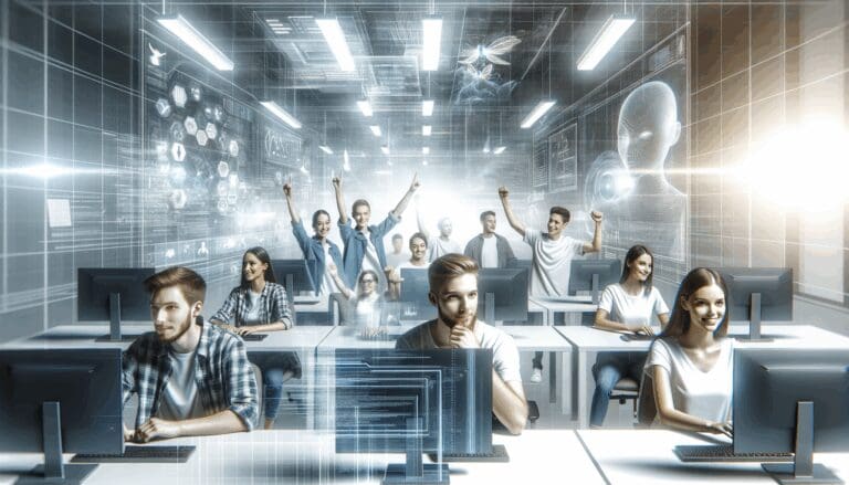 Primer plano de jóvenes desarrolladores en un entorno tecnológico, rodeados de pantallas y gráficos digitales.