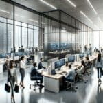 Oficinas modernas con equipos de trabajo colaborando en un ambiente tecnológico.