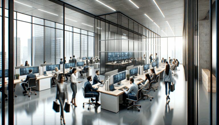 Oficinas modernas con equipos de trabajo colaborando en un ambiente tecnológico.