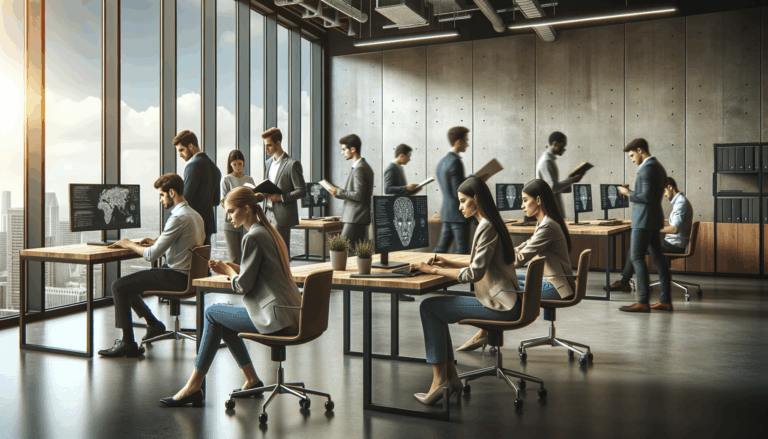 Oficina moderna con jóvenes profesionales trabajando en tecnología e inteligencia artificial.
