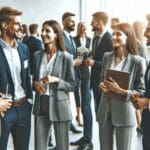 Networking de emprendedores y empresarios en un evento tecnológico.