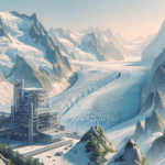 Fotografía de un glaciar de alta montaña con una estructura tecnológica visible, naturaleza y elementos de innovación.