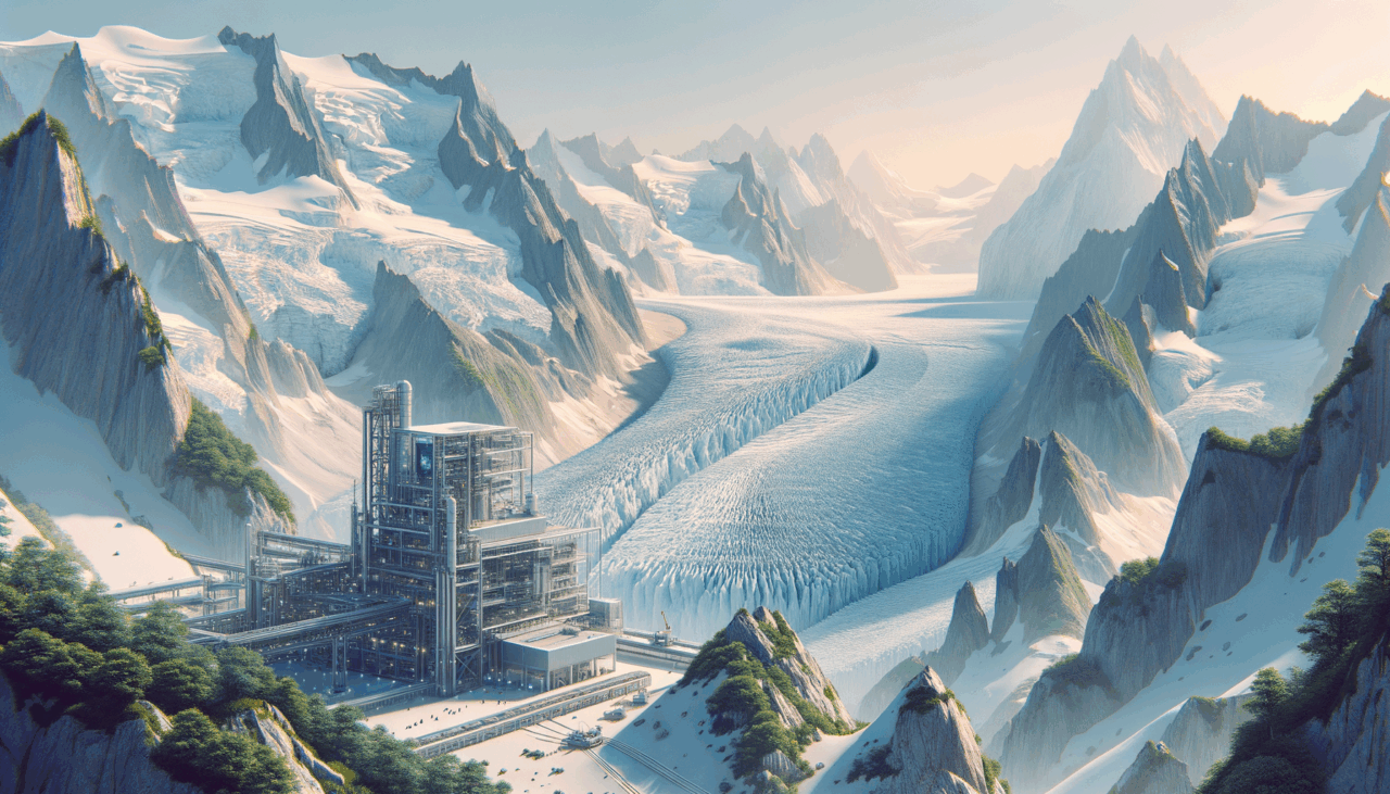 Fotografía de un glaciar de alta montaña con una estructura tecnológica visible, naturaleza y elementos de innovación.