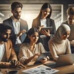 Equipo multicultural reunido en un espacio de trabajo moderno, colaborando en laptops y tablets.