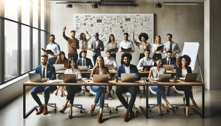 Grupo diverso de emprendedores trabajando en una oficina moderna, con laptops y pizarras llenas de ideas.